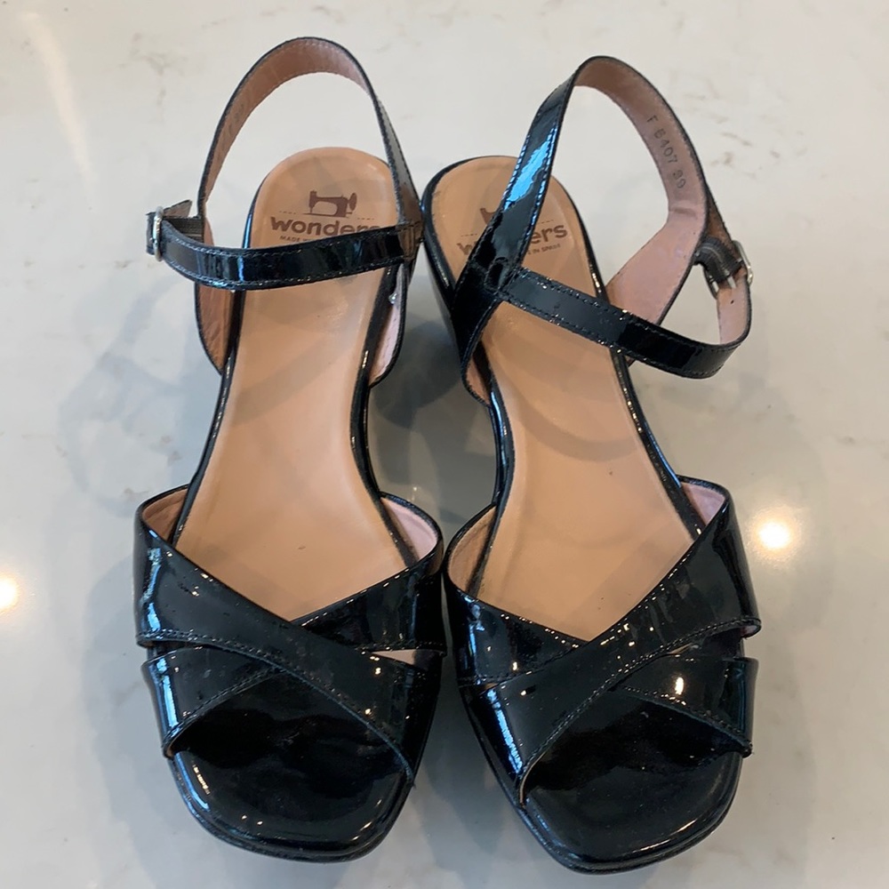 Black Patent Wonders Leather Wedge Sandal